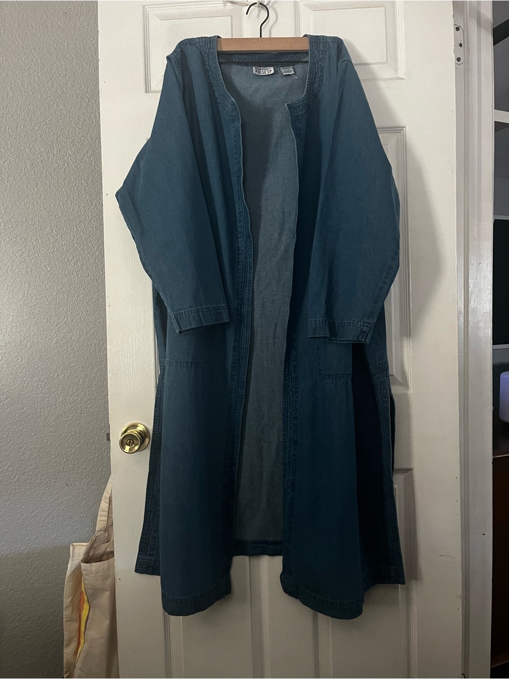 Long Open-Front Denim Coat -  Blue